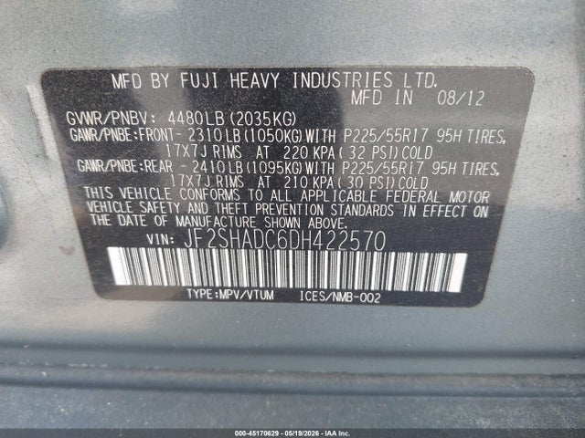 45170629 :رقم المزاد ، JF2SHADC6DH422570 vin ، 2013 Subaru Forester 2.5x Premium مزاد بيع