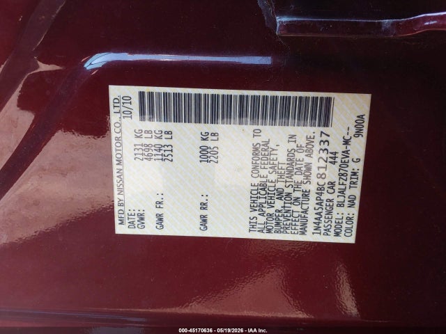 45170636 :رقم المزاد ، 1N4AA5AP4BC812337 vin ، 2011 Nissan Maxima 3.5 Sv مزاد بيع