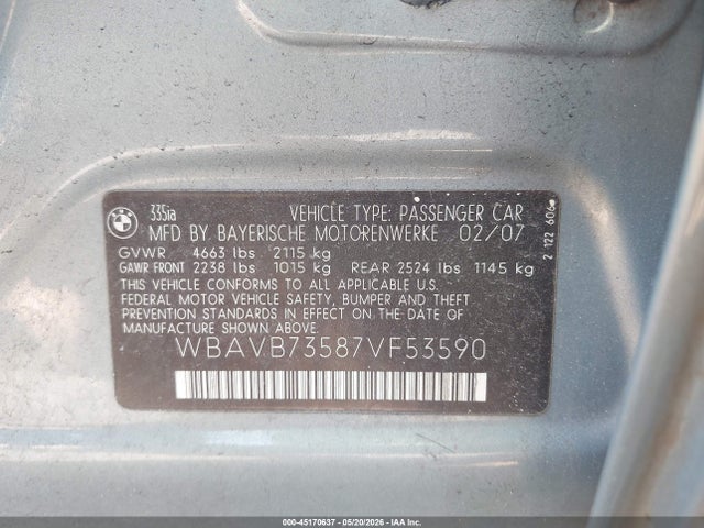 Aukcja sprzedaży 2007 Bmw 335i, vin: WBAVB73587VF53590, numer aukcji: 45170637
