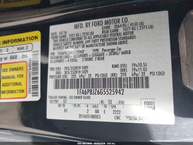 Продажа на аукционе авто 2016 Ford Shelby Gt350, vin: 1FA6P8JZ6G5525942, номер лота: 45170638