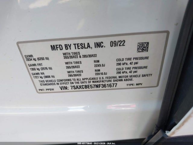 Продажа на аукционе авто 2022 Tesla Model X Dual Motor All-wheel Drive, vin: 7SAXCBE57NF361677, номер лота: 45170640