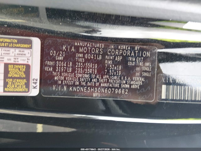 Aukcja sprzedaży 2022 Kia Carnival Mpv Sx Prestige, vin: KNDNE5H30N6079662, numer aukcji: 45170643