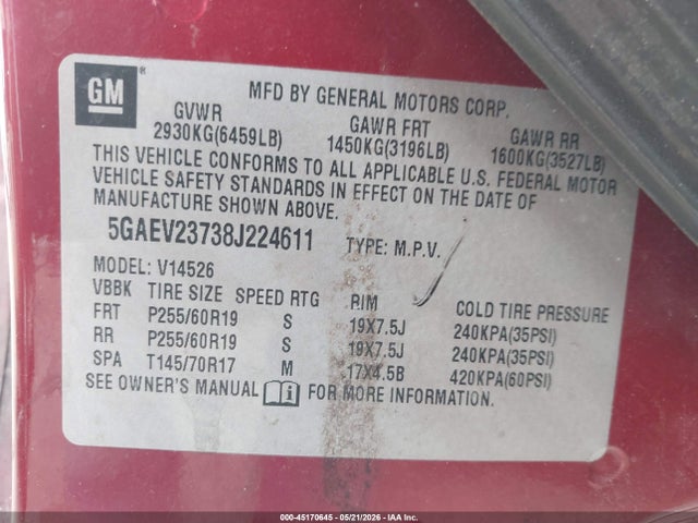 Aukcja sprzedaży 2008 Buick Enclave Cxl, vin: 5GAEV23738J224611, numer aukcji: 45170645