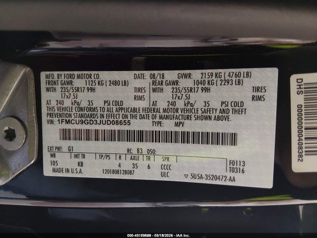 Продажа на аукционе авто 2018 Ford Escape Se, vin: 1FMCU9GD3JUD08655, номер лота: 45170646