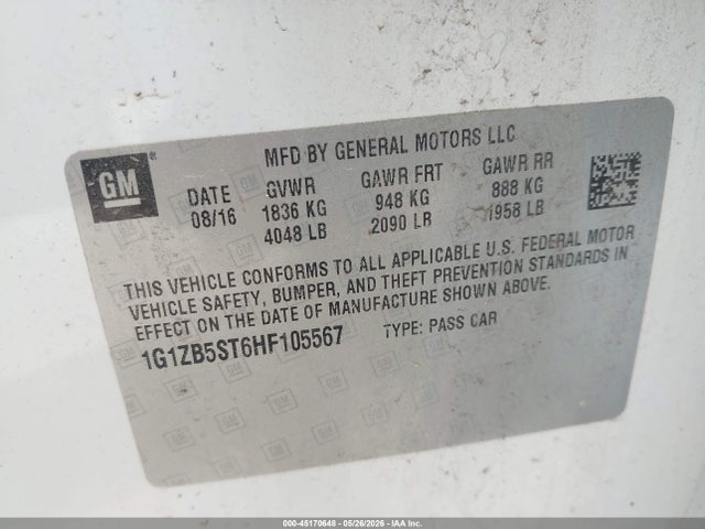 2017 Chevrolet Malibu Ls მანქანა იყიდება აუქციონზე, vin: 1G1ZB5ST6HF105567, აუქციონის ნომერი: 45170648