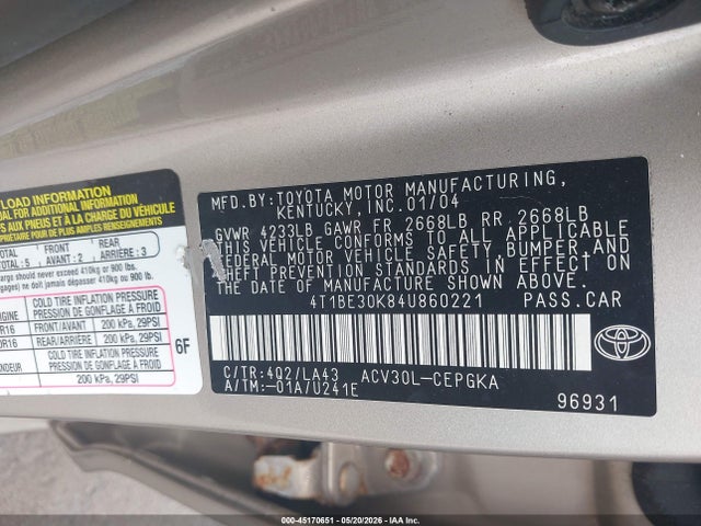 Продаж на аукціоні авто 2004 Toyota Camry Xle, vin: 4T1BE30K84U860221, номер лоту: 45170651