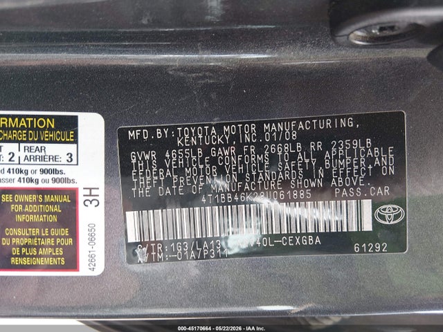Aukcja sprzedaży 2008 Toyota Camry Hybrid, vin: 4T1BB46K28U061885, numer aukcji: 45170664