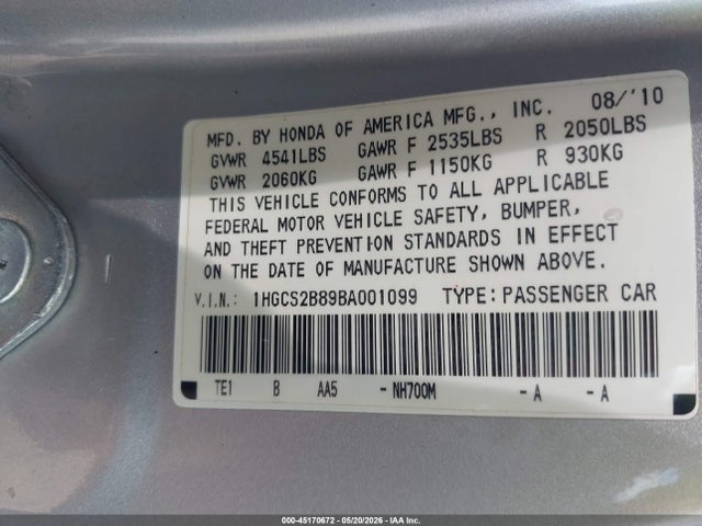 Продажа на аукционе авто 2011 Honda Accord 3.5 Ex-l, vin: 1HGCS2B89BA001099, номер лота: 45170672