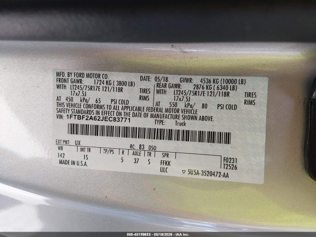 Продажа на аукционе авто 2018 Ford F-250 Xl, vin: 1FTBF2A62JEC83771, номер лота: 45170673