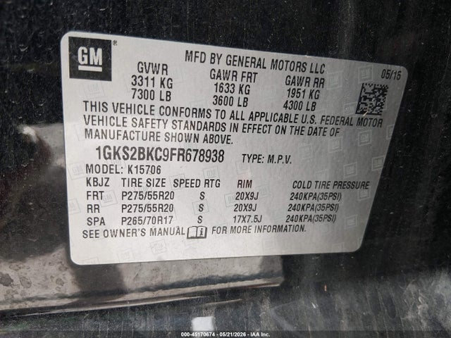 GMC YUKON SLT 2015 1GKS2BKC9FR678938 Image 9