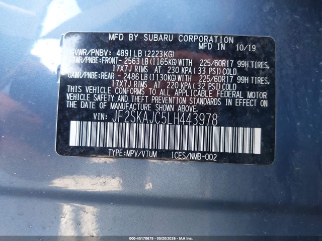 2020 Subaru Forester Premium მანქანა იყიდება აუქციონზე, vin: JF2SKAJC5LH443978, აუქციონის ნომერი: 45170678