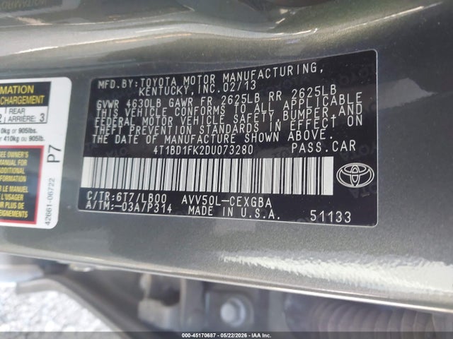 45170687 :رقم المزاد ، 4T1BD1FK2DU073280 vin ، 2013 Toyota Camry Hybrid Xle مزاد بيع