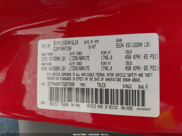Продажа на аукционе авто 2007 Dodge Ram 3500 Slt/sport, vin: 3D7MX48A77G827099, номер лота: 45170691