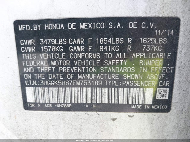 Продаж на аукціоні авто 2015 Honda Fit Ex/ex-l, vin: 3HGGK5H87FM753189, номер лоту: 45170692