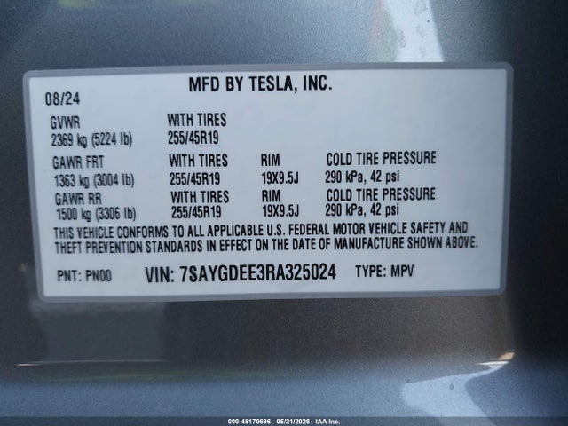 Продаж на аукціоні авто 2024 Tesla Model Y Long Range Dual Motor All-wheel Drive, vin: 7SAYGDEE3RA325024, номер лоту: 45170696