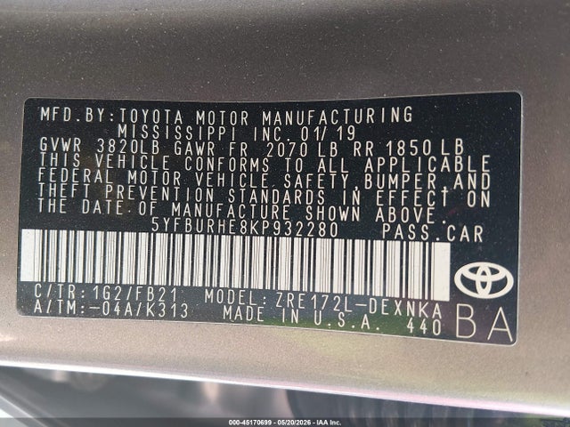 Aukcja sprzedaży 2019 Toyota Corolla Le, vin: 5YFBURHE8KP932280, numer aukcji: 45170699
