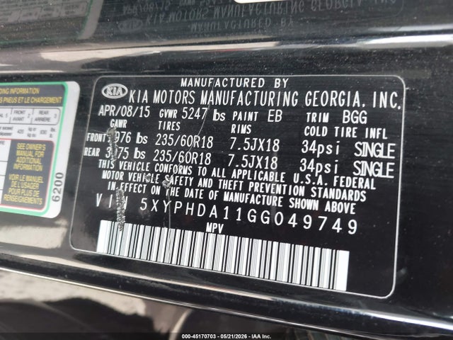2016 Kia Sorento 2.0t Ex მანქანა იყიდება აუქციონზე, vin: 5XYPHDA11GG049749, აუქციონის ნომერი: 45170703