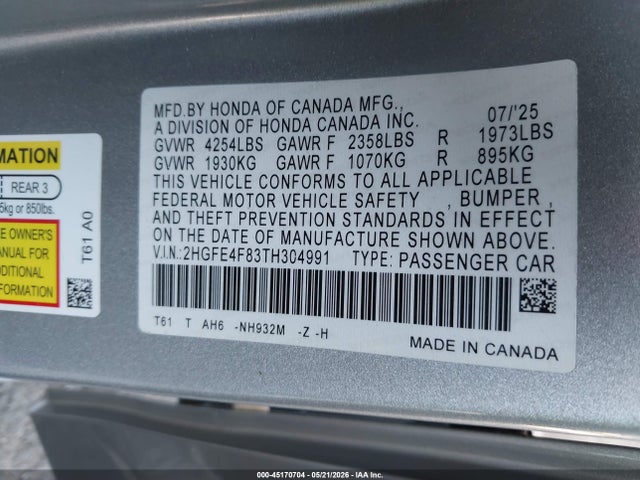 2HGFE4F83TH304991 Honda Civic Hybrid Sport/sport Touring