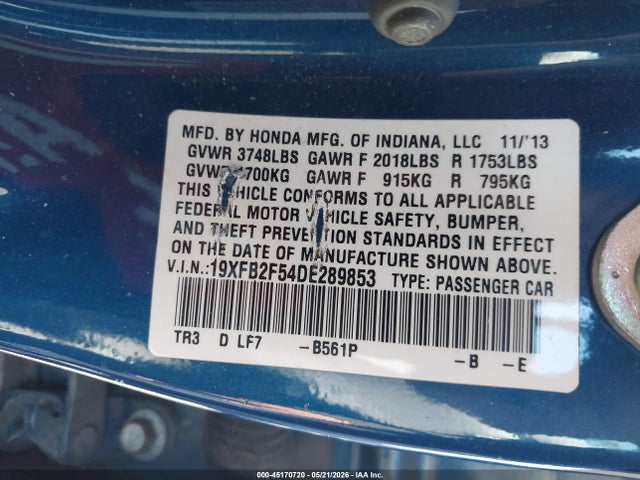 Продаж на аукціоні авто 2013 Honda Civic Lx, vin: 19XFB2F54DE289853, номер лоту: 45170720