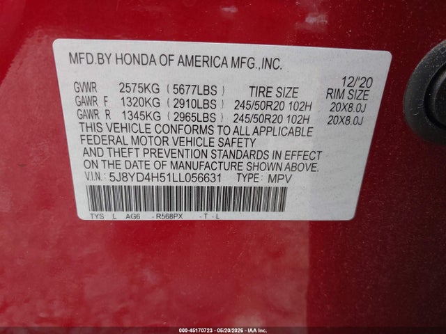 Aukcja sprzedaży 2020 Acura Mdx Technology Package, vin: 5J8YD4H51LL056631, numer aukcji: 45170723