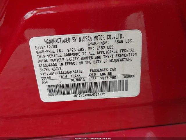 2010 Infiniti G37x მანქანა იყიდება აუქციონზე, vin: JN1CV6AR0AM454132, აუქციონის ნომერი: 45170737