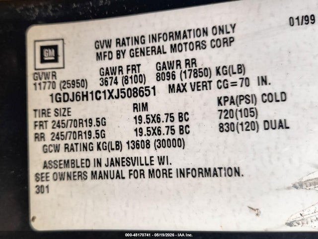 Продаж на аукціоні авто 1999 Gmc C-series C6h042, vin: 1GDJ6H1C1XJ508651, номер лоту: 45170741