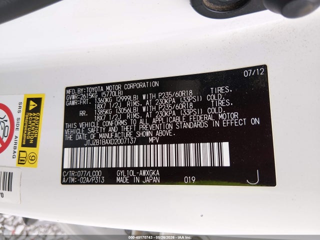 2013 Lexus Rx 450h მანქანა იყიდება აუქციონზე, vin: JTJZB1BAXD2007137, აუქციონის ნომერი: 45170743