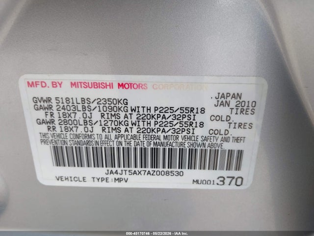 Продаж на аукціоні авто 2010 Mitsubishi Outlander Gt, vin: JA4JT5AX7AZ008530, номер лоту: 45170746