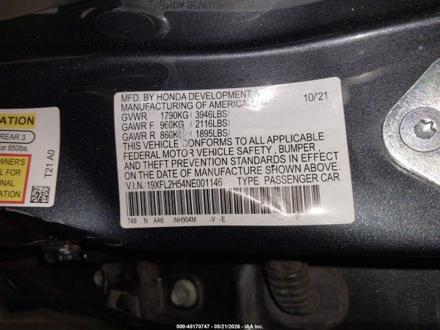 Aukcja sprzedaży 2022 Honda Civic Lx, vin: 19XFL2H54NE001146, numer aukcji: 45170747