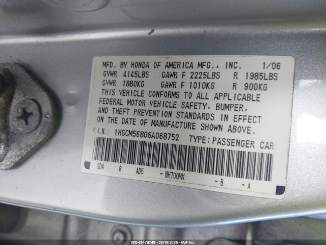 Продажа на аукционе авто 2006 Honda Accord 2.4 Ex, vin: 1HGCM56806A068752, номер лота: 45170749