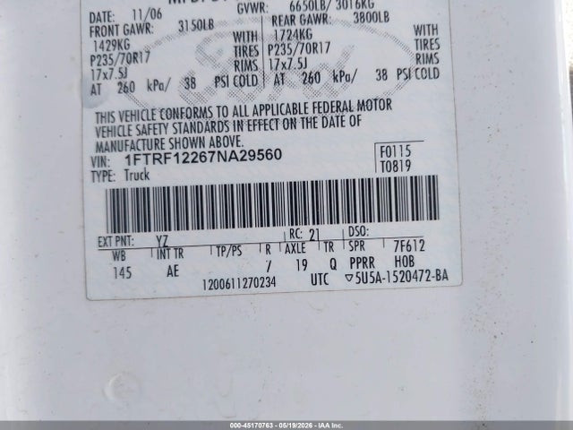 Aukcja sprzedaży 2007 Ford F150, vin: IFTRFI2267NA29560, numer aukcji: 45170763