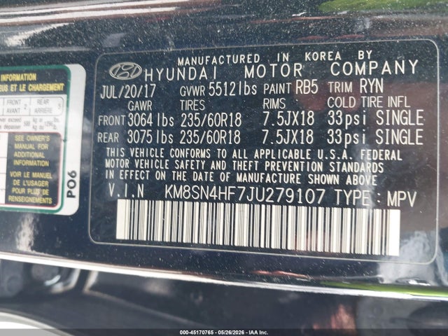 Aukcja sprzedaży 2018 Hyundai Santa Fe Se, vin: KM8SN4HF7JU279107, numer aukcji: 45170765