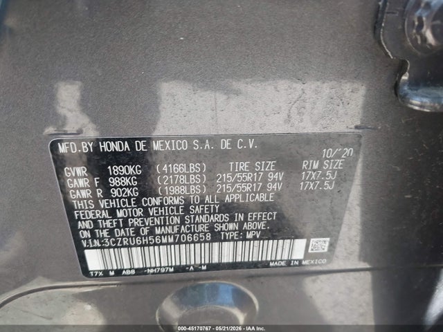 Aukcja sprzedaży 2021 Honda Hr-v Awd Ex, vin: 3CZRU6H56MM706658, numer aukcji: 45170767