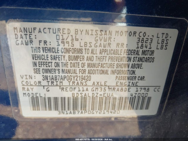 Aukcja sprzedaży 2016 Nissan Sentra Sv, vin: 3N1AB7AP0GY219420, numer aukcji: 45170779
