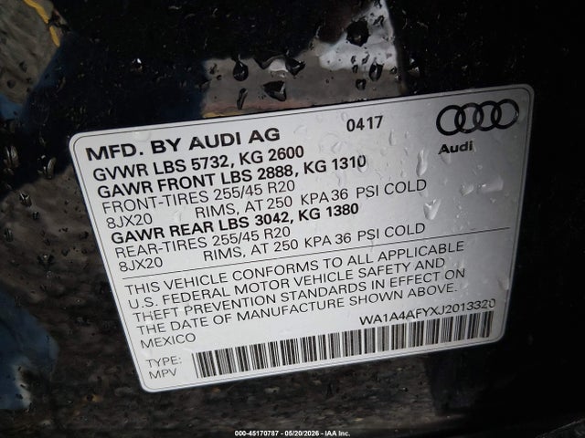 45170787 :رقم المزاد ، WA1A4AFYXJ2013320 vin ، 2018 Audi Sq5 3.0t Premium Plus مزاد بيع