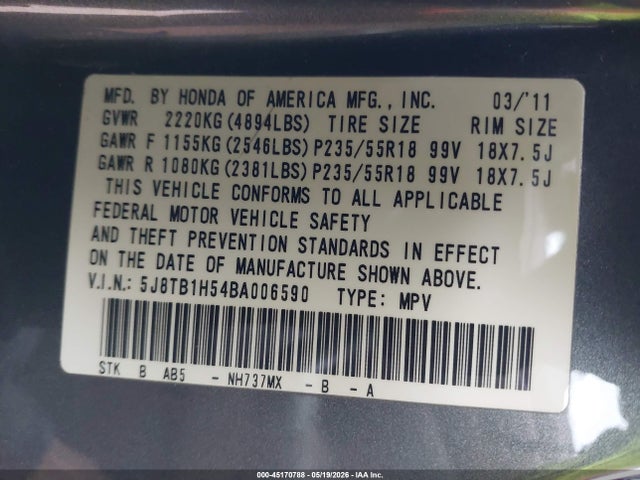 2011 Acura Rdx მანქანა იყიდება აუქციონზე, vin: 5J8TB1H54BA006590, აუქციონის ნომერი: 45170788