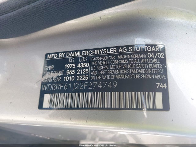 Aukcja sprzedaży 2002 Mercedes-benz C 240, vin: WDBRF61J22F274749, numer aukcji: 45170804