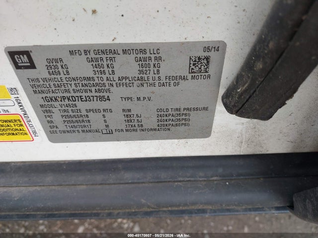 45170807 :رقم المزاد ، 1GKKVPKD7EJ377854 vin ، 2014 Gmc Acadia Sle-2 مزاد بيع