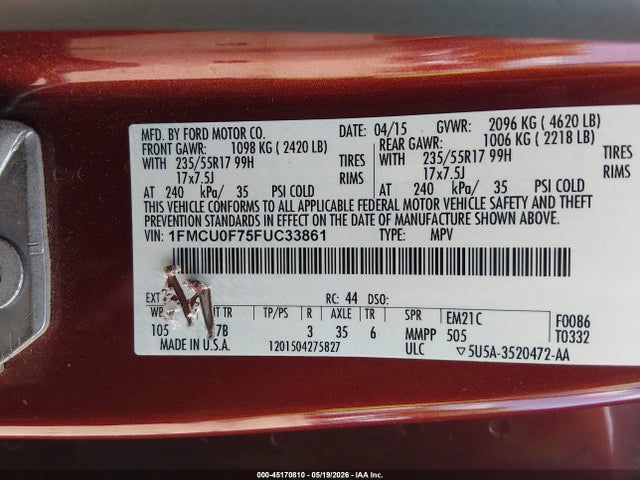 45170810 :رقم المزاد ، 1FMCU0F75FUC33861 vin ، 2015 Ford Escape S مزاد بيع