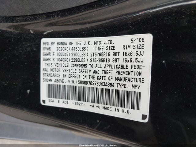 Aukcja sprzedaży 2006 Honda Cr-v Se, vin: SHSRD78976U434894, numer aukcji: 45170830