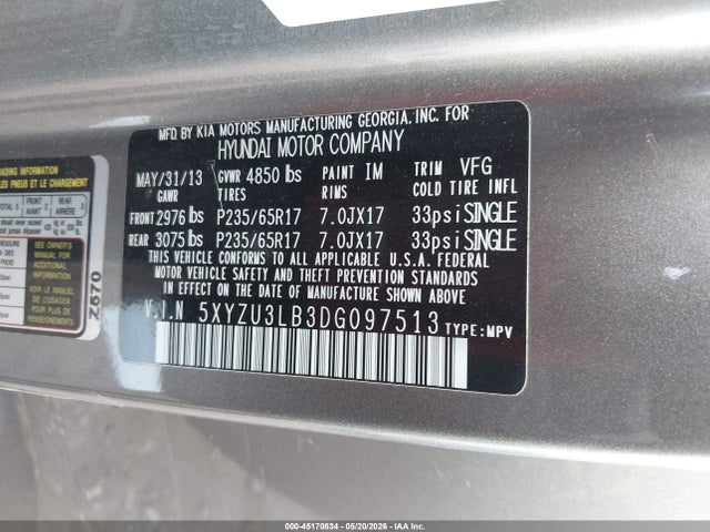 45170834 :رقم المزاد ، 5XYZU3LB3DG097513 vin ، 2013 Hyundai Santa Fe Sport مزاد بيع