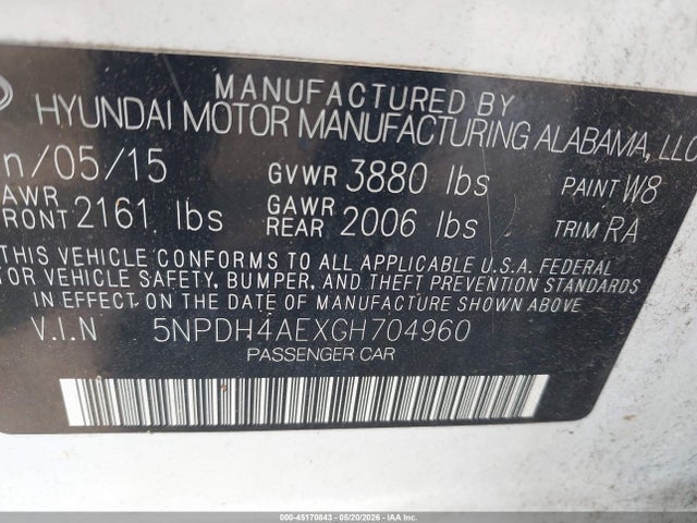 2016 Hyundai Elantra Se მანქანა იყიდება აუქციონზე, vin: 5NPDH4AEXGH704960, აუქციონის ნომერი: 45170843