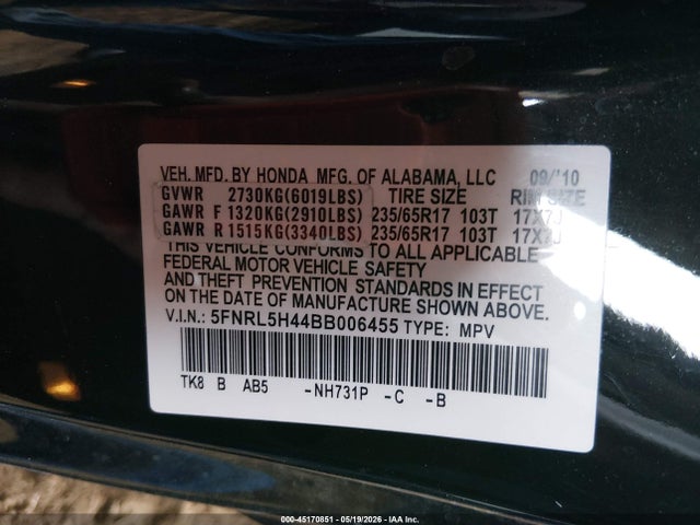 Продаж на аукціоні авто 2011 Honda Odyssey Ex, vin: 5FNRL5H44BB006455, номер лоту: 45170851