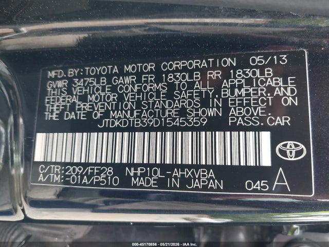 Aukcja sprzedaży 2013 Toyota Prius C Two, vin: JTDKDTB39D1545359, numer aukcji: 45170856