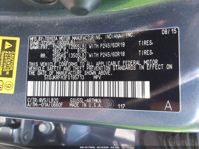 45170858 :رقم المزاد ، 5TDJKRFH3FS195713 vin ، 2015 Toyota Highlander Xle V6 مزاد بيع