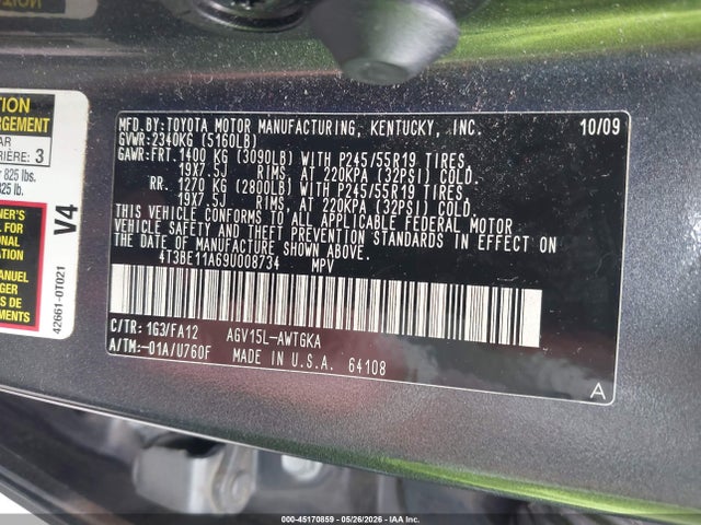 45170859 :رقم المزاد ، 4T3BE11A69U008734 vin ، 2009 Toyota Venza مزاد بيع