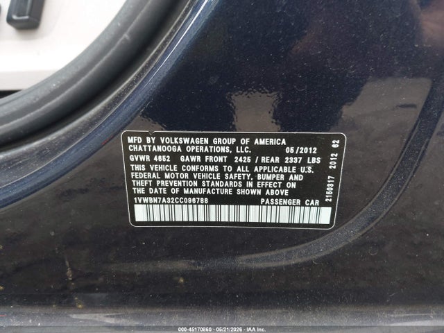 Aukcja sprzedaży 2012 Volkswagen Passat 2.0l Tdi Se, vin: 1VWBN7A32CC096788, numer aukcji: 45170860