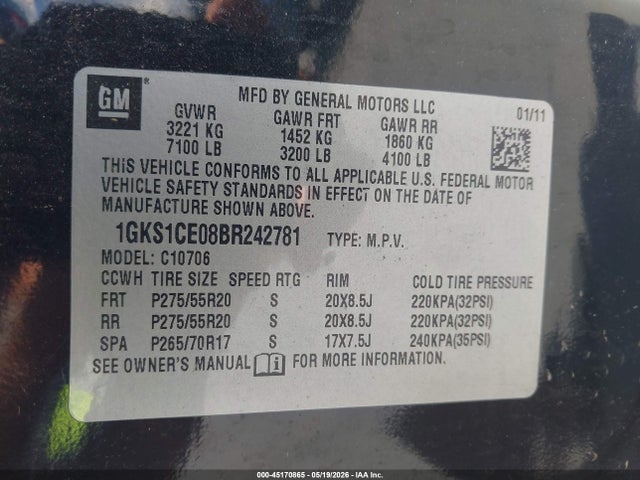 45170865 :رقم المزاد ، 1GKS1CE08BR242781 vin ، 2011 Gmc Yukon Slt مزاد بيع