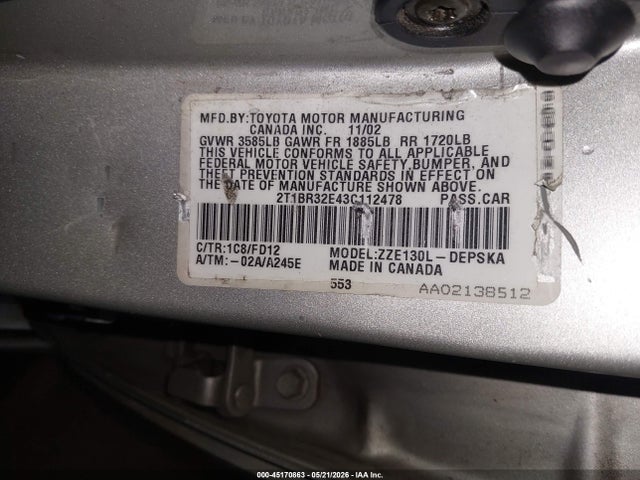 45170863 :رقم المزاد ، 2T1BR32E43C112478 vin ، 2003 Toyota Corolla S مزاد بيع