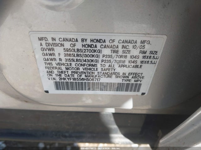 Продажа на аукционе авто 2006 Honda Pilot Ex-l, vin: 2HKYF18556H506717, номер лота: 45170873